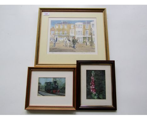 A signed print of dray horses, together with a steam engine watercolour and a foxglove watercolour