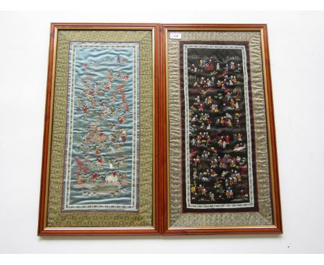 Two Oriental embroidered silk pictures depicting children playing