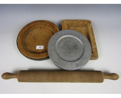 Antique kitchenalia including a Scottish shortbread mould with a brass plaque of Scobie McIntosh of Edinburgh, and one other,