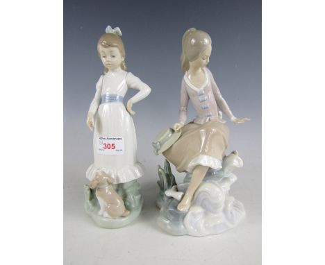 A Lladro figurine of a young girl seated by the ocean, together with a Nao figurine of a girl with a puppy