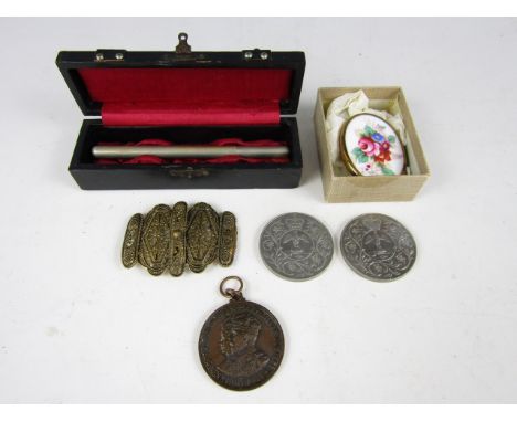 A cased pocket thermometer together with a gilt belt buckle and a King George V and Queen Mary 1935 medallion etc.
