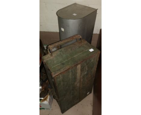 A 1950's plaster dog "Coming" L13.5; an American anodized metal mailbox; a WWII ammunition box 