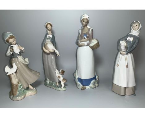 3 Lladro figures - girls with doves, geese &amp; lamb; Nao figure of girl; a Rex figure of a girl with duck 