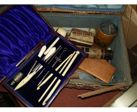 A sewing basket, a case of crochet/lace making tools &amp; other sewing requisites 
