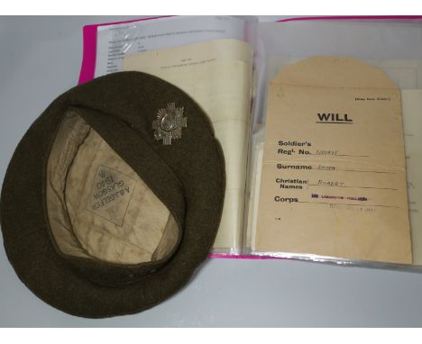 WWII Highland Light Infantry Tam o' Shanter with badge and ephemera relating to 2130975 Pte R. Smith Prisoner of War at Stala