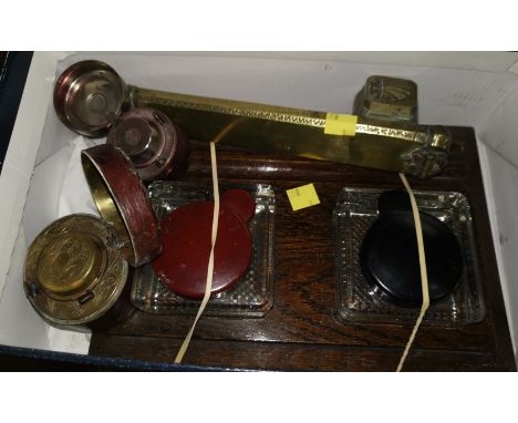A twin bottle oak desk inkwell; a Turkish brass scribes inkwell &amp; pen holder &amp; 2 traveling inkwells 