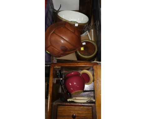 An oak pedestal fruit bowl with ceramic liner, stag's head handles, a similar biscuit barrel, an oak smoker's box, a Salter a