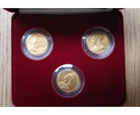 GB Royal Mint: Her Majesty Queen Victoria Sovereign Portrait collection, containing Young, Jubilee and Old Head sovereign dat