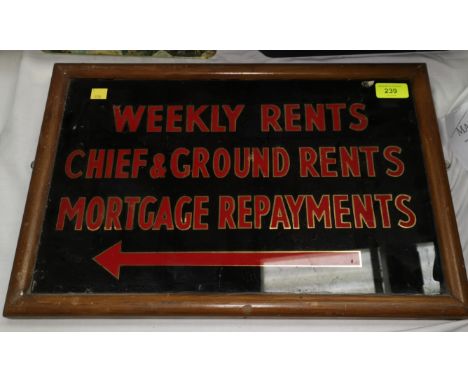 A 1920's glazed sign "Weekly Rents...... framed 12 x 18" and a vintage longbow 