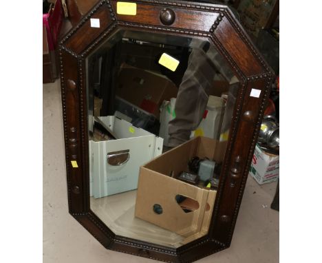 A 1920's oak framed mirror, 2 other mirrors, a mantel clock and a cut glass table lamp 