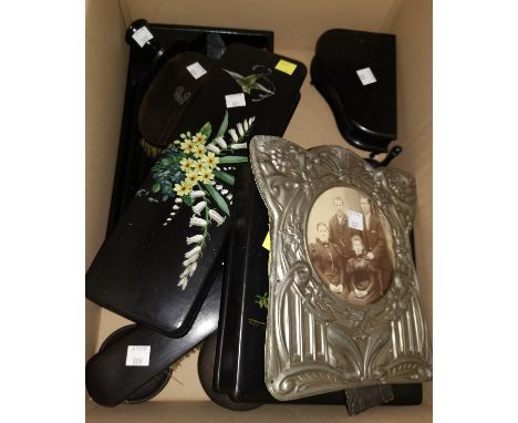 A large selection of ebony &amp; lacquer trinket &amp; dressing tableware