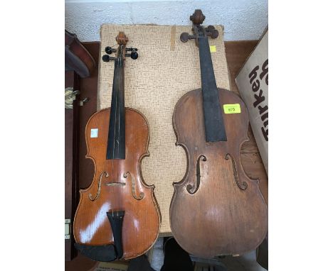 A 19th century Stradivarius pattern violin with two piece back labelled Cremonensis, 35.8cm; another violin 31.8cm with case 