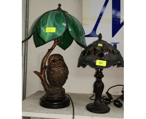 A Tiffany style table lamp and another with composition owl base