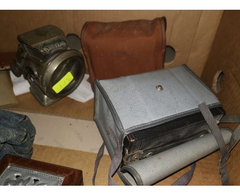 A Lucas silverking early 20th century bike lamp, 2 box cameras 