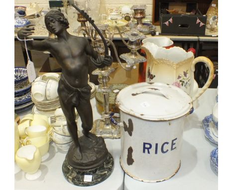 After G Bareau, a spelter figure "David Devant Saul" on marble base, 50cm high, a plated four-branch candelabra, a circular b