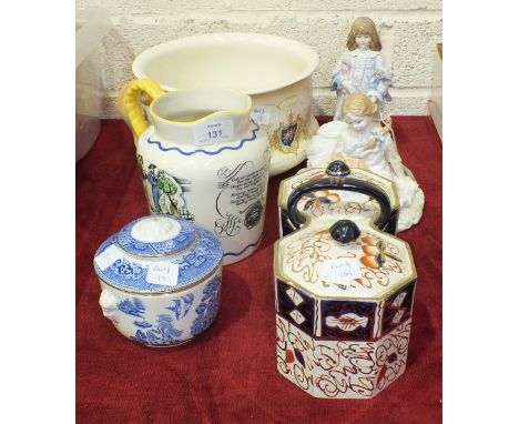 A Royal Doulton 'Sea Shanty' jug, 17cm high, a Crown Ducal 'Cameo' decorated chamber pot, a Royal Worcester figurine 'Safe At