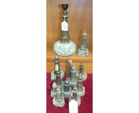 A serpentine lighthouse converted to a table lamp, 25cm high and ten smaller serpentine lighthouses, (11).