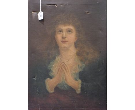 E Wheatley Baker, Portrait of a Young Girl, hands together, as in prayer, wearing a pearl necklace and blue velvet and lace d