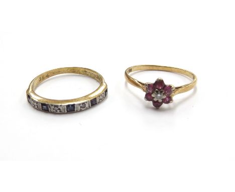 A 9ct gold ruby and diamond daisy ring. Size K, 1.6g and an 18ct gold sapphire and diamond half hoop. Size M, 2.1g