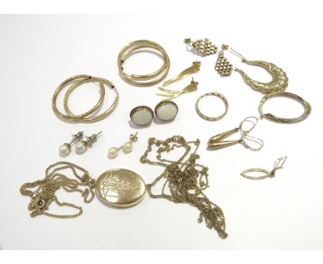 A 9ct gold chain hung with an Medical Data pendant, single gold earring, hoop earrings, broken 9ct gold chain, pair of opal s