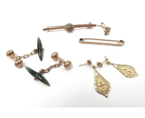 A gold bar brooch stamped 9ct with a pearl cluster, 9ct gold pin and a pair of gold cufflinks with jade terminals and a pair 