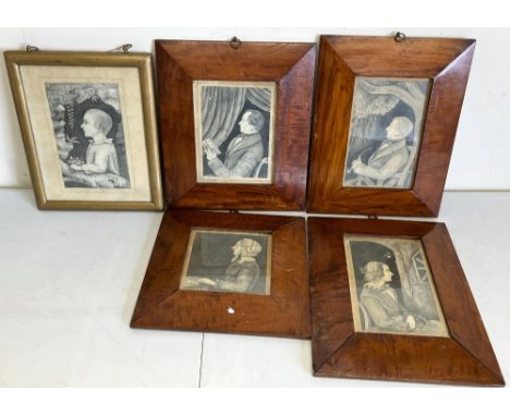 Collection of five 19th Century, naive profile studies of a family, pencil, signed with initials RHN, one dated 1855, four in
