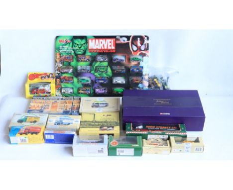 Mixed collection of diecast model vehicles to include a Maisto Marvel blister packed 20 model set plus Corgi models including