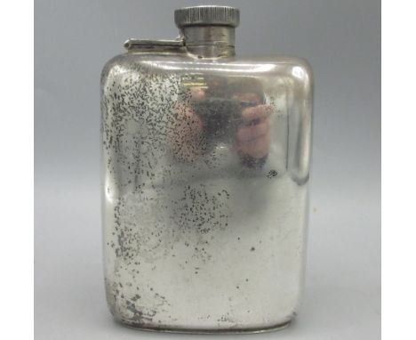 George V silver hip flask with screw hinged lid, plain concave body by Asprey & Co Ltd, Chester 1917, 5.0ozt, 11cm X 7cmShipp