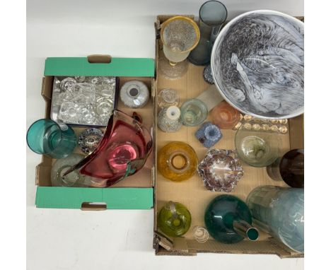 Collection of art glass, incl. Riihimean Lasi Oy art glass vases, Murano style pink flower dish, a Thaddeus Hyatt patent gril