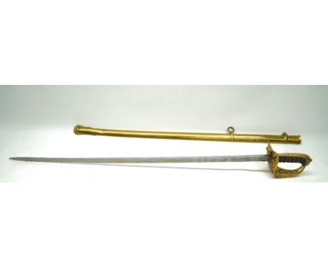 Ceremonial officers dress sword by Wilkinson Sword, with brass hand guard, etched blade (81cm) in original brass scabbard, se