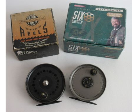 Four fishing reels including a J. W. Young and Sons 'Pridex', two Young 'Condex' reels, and a John Wilson 'Masterline Six Sho