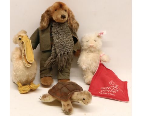 Four Steiff animals, incl. Pelican; 'Slo' tortoise; Steiff Club event 2007 kitten; and Daschund, max H22cmShipping £48.00 plu