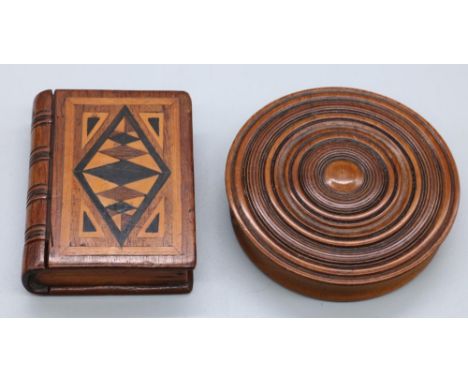 Early 19th century circular snuff box with draught turned lid, D8cm and a Victorian Tunbridgeware needle case in the form of 
