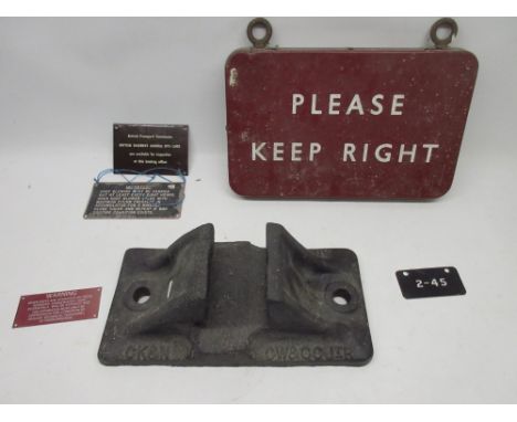 'Please Keep Right' railway sign 41 X 30cm, locomotive 2-45 enamel plate, three other railway related signs, and a cast iron 