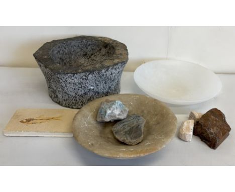 Collection of natural history specimen bowls, fish fossil and other specimensShipping POA https://www.bradleys.ltd/quotation-