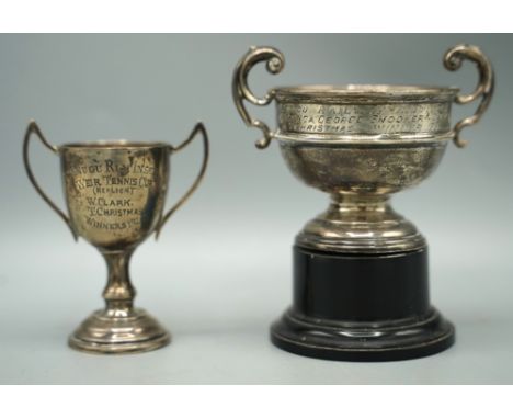 20th century silver twin handled trophy on a pedestal foot, body engraved "Enugu Railway Institute Replica 'George Snooker Cu