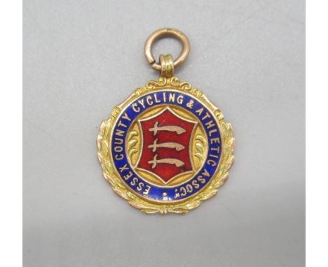 9ct yellow gold and enamel Essex Country Cycling & Athletic Association fob, 7.29gShipping £20.00 plus vat (UK Only)