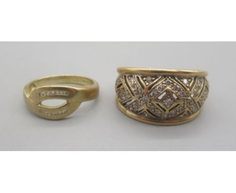 9ct yellow gold ring with pave set diamonds to half the band, size P1/2, and a 9ct yellow gold ring with two rows of brillian