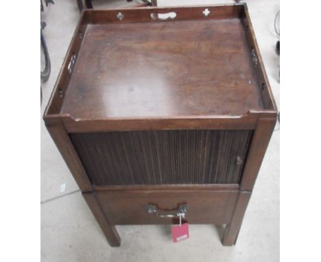 George III mahogany tray top commode, tambour door above pull-out with ceramic liner, on square supports, W47cm D44cm H73cmSh