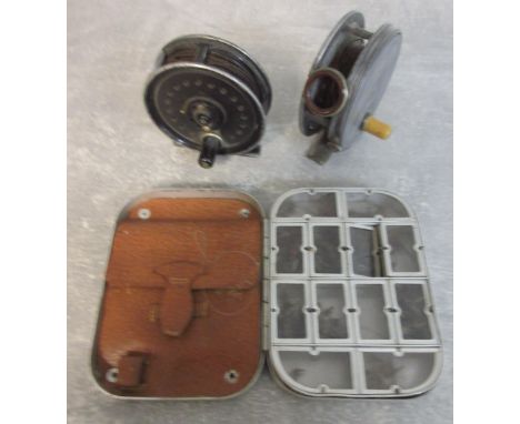Hardy's Alnwick Patent 3 1/4in alloy fishing reel, with brass foot, ivorine winder and rim tension adjust, a J.W Young 3'' Be