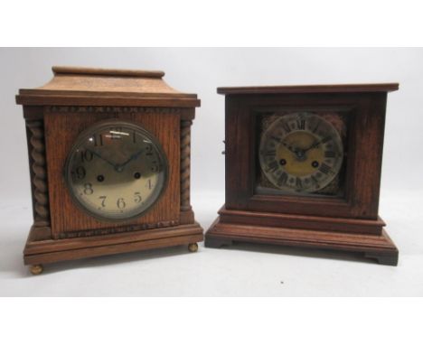 Badische oak mantle clock, 6" brass Arabic dial, signed two train striking movement on a gong, H31.5cm and P. Haas & Söhne oa