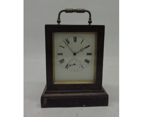 Victor-Athanase Pierret, 19th century 8 day rosewood carriage clock alarm, plain case on moulded base and brass carrying hand