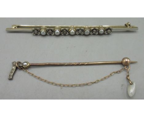 Victorian style unmarked yellow metal bar brooch set with alternating pearls and diamonds, diamonds in enamel flower setting,