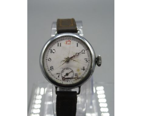 Swiss nickel chrome trench watch, white enamel Roman dial with red '12' and subsidiary seconds, Swiss Made cylinder movement,