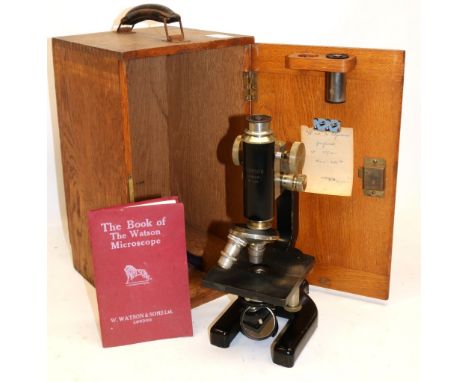 Monocular microscope, by Hearson, London, model no. 829, H29cm with case, and booklet 'The Book of the Watson Microscope'Ship