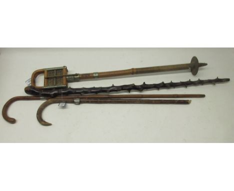 Early 20th century Bamboo walking cane with silver mount by J Howell & Co Ltd, Birmingham 1927, shooting stick with rattan se