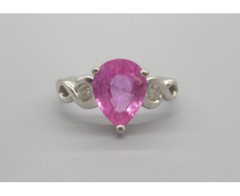 18ct white gold ring set with pink sapphire and diamonds, stamped 750, size N, 4.71gShipping £20.00 plus vat (UK Only)