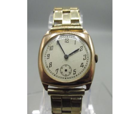 Swiss 9ct gold wristwatch on Beau Brummel 12K rolled gold expanding bracelet with deployment clasp, silvered Arabic dial with