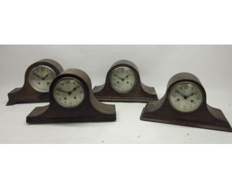 Haller oak mantle clock, chrome bezel 5 1/2" Arabic dial, signed two train movement striking on a gong, H23cm and three other