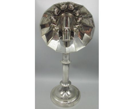 Silver plate student/reading lamp, with paneled shade and beaded rims to foot and stem, silver plate by Hawksworth Eyre & Co,
